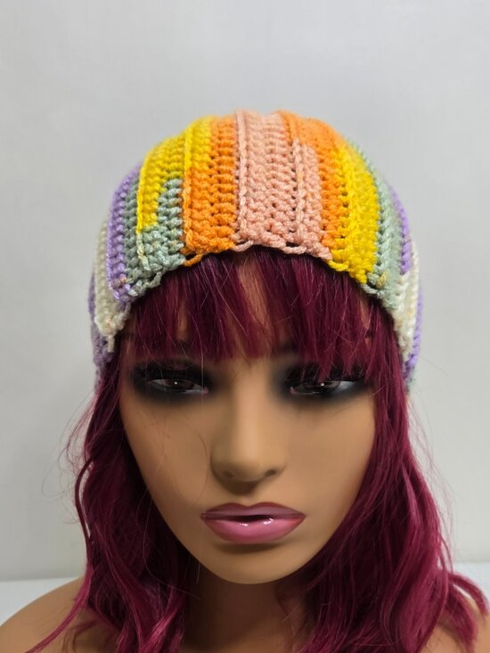 Handmade Crochet Slouchy Beanie, Colorful Patchwork Knit Hat main image 11